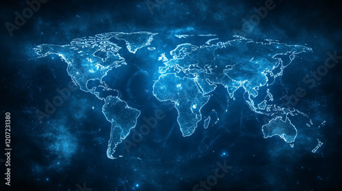 A blue-toned digitized world map with glowing outlines.