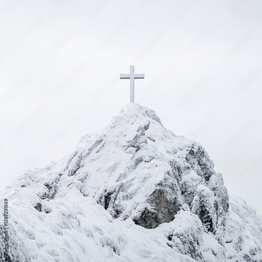 Snowy Mountain Peak Cross Winter Landscape Serenity Snowy Mountain Peak Cross Winter Landscape Serenity