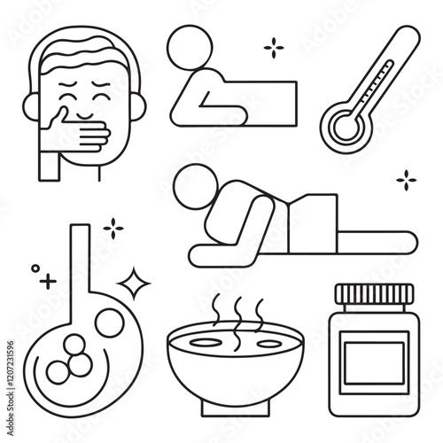 Stomach ache and pain related editable outline icons.