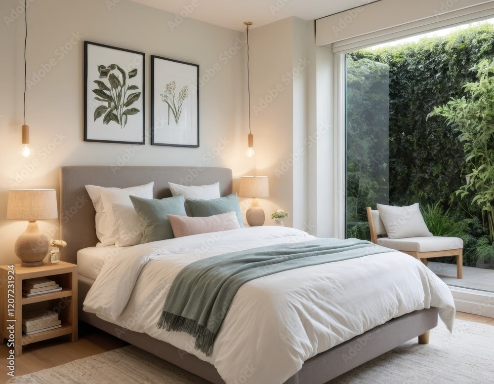Fototapeta premium Serene Bedroom Interior Design with Green Accents and Natural Light