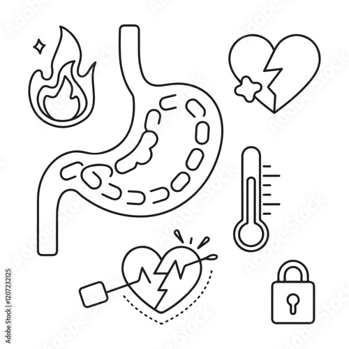 Stomach ache and pain related editable outline icons.