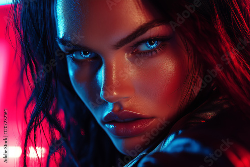 Captivating blue-eyed cyberpunk beauty with tanned skin in a vibrant neon-lit setting