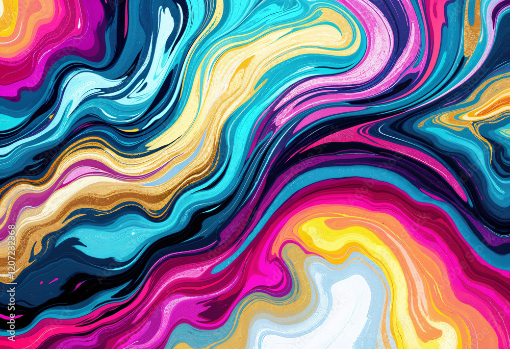 A colorful painting of a wave with gold accents. The colors are bright and the gold accents add a sense of luxury and depth to the piece A colorful painting of a wave with gold accents. The colors are bright and the gold accents add a sense of luxury and depth to the piece