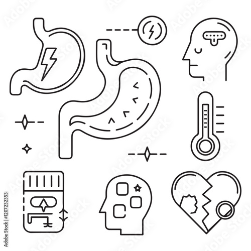 Stomach ache and pain related editable outline icons.