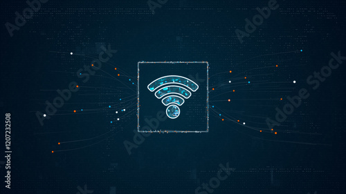 Blue digital Wifi logo with particles dot spread on abstract background with data transfer and Wireless Fidelity connection concepts photo