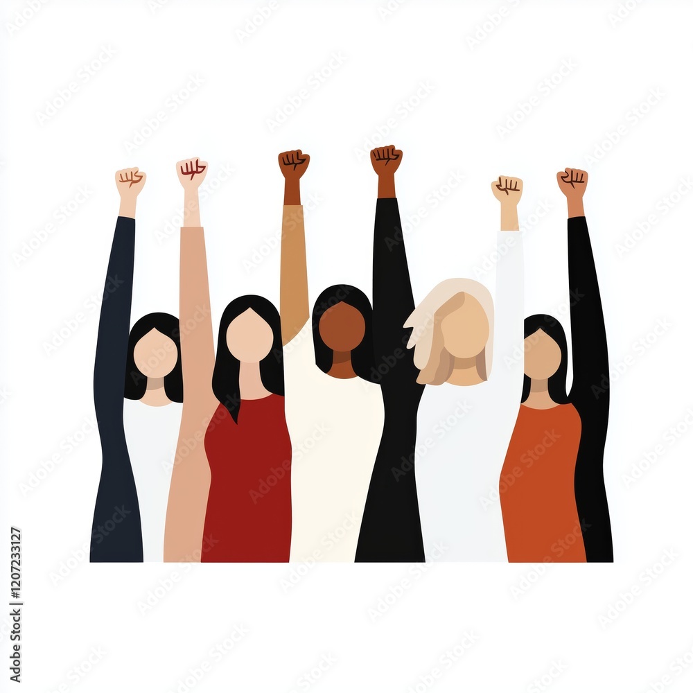 Group of diverse women raising their fists in a powerful display of unity, strength, and empowerment Group of diverse women raising their fists in a powerful display of unity, strength, and empowerment