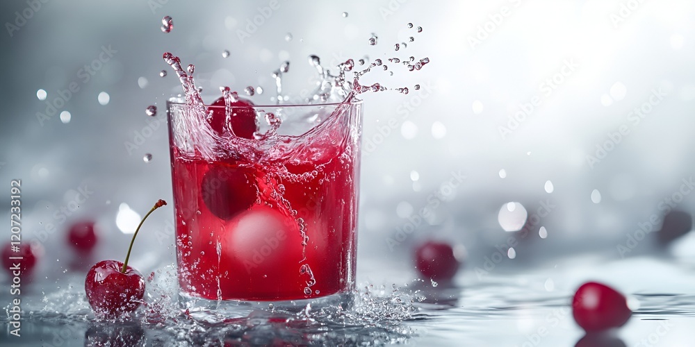 Cherry juice splash isolated on a white background with cherry fruit and splashes of red liquid. Cherry juice splash isolated on a white background with cherry fruit and splashes of red liquid.