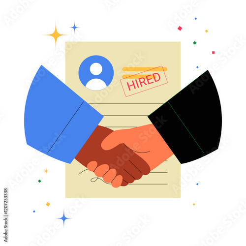 Handshake Over Hired Document In Flat Vector Illustration Symbolizing Recruitment, Job Confirmation, And Professional Agreement.