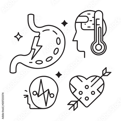 Stomach ache and pain related editable outline icons.