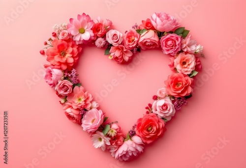 Wallpaper Mural Beautiful heart shape made of pink and coral roses on pink background. Romantic floral arrangement for Valentine's day, wedding, anniversary celebration. Love symbol with copy space Torontodigital.ca