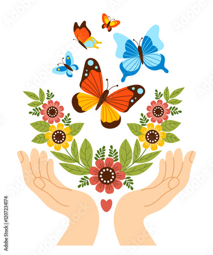 Palms of hands with flowers and leaves release colorful butterflies. Butterfly symbolizing freedom, transformation and connection with nature and beauty of environment. Vector illustration