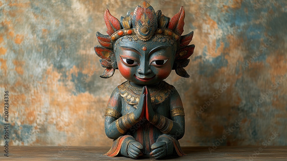 Fototapeta premium Ornate wooden statue; praying pose.