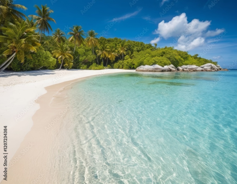 Tropical Beach Paradise: Idyllic White Sand Shore with Crystal-Clear Turquoise Water and Lush Palm Trees Tropical Beach Paradise: Idyllic White Sand Shore with Crystal-Clear Turquoise Water and Lush Palm Trees