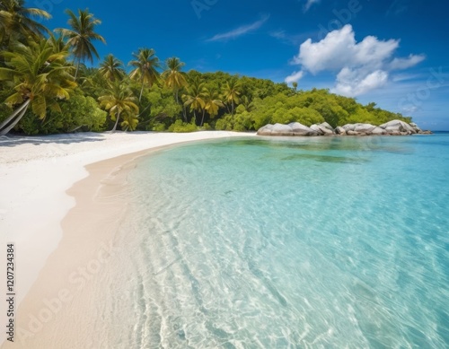 Tropical Beach Paradise: Idyllic White Sand Shore with Crystal-Clear Turquoise Water and Lush Palm Trees