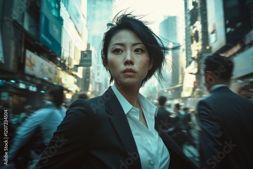 An Asian woman, wearing a white shirt and black suit, standing on the street surrounded by people moving quickly around her. With a city background, cinematic style