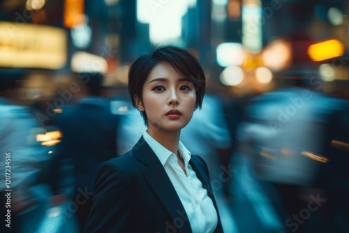 An Asian woman, wearing a white shirt and black suit, standing on the street surrounded by people moving quickly around her. With a city background, cinematic style