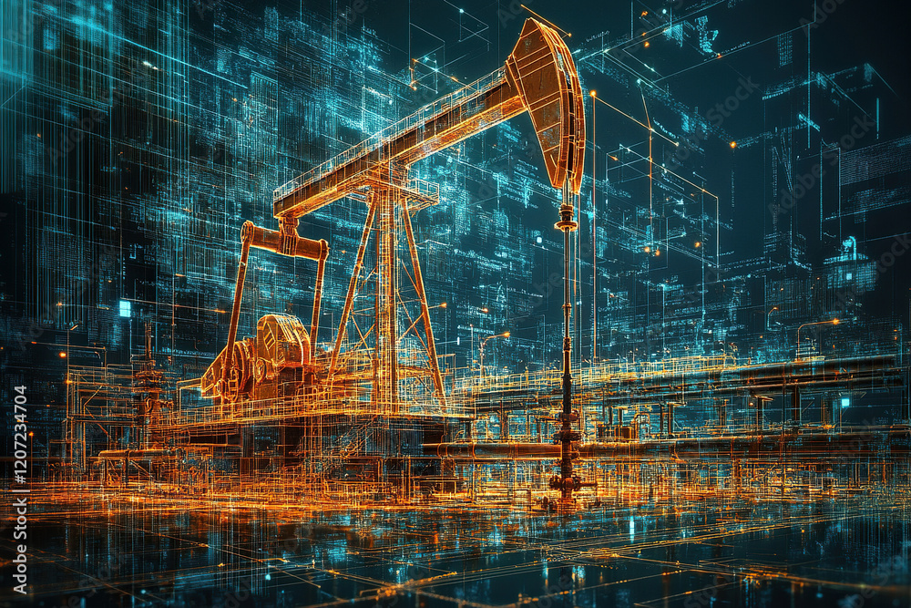 Obraz premium Oil pump diagram image against neon lines and graphs. Oil industry concept. Generated by artificial intelligence