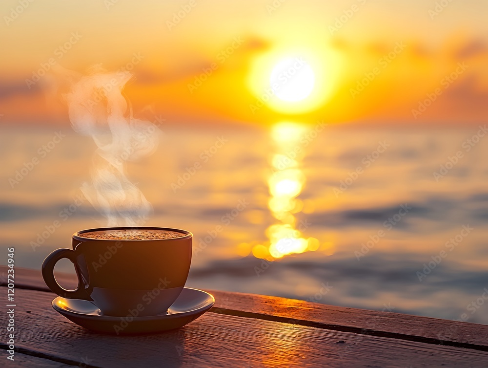 Photo of a Steaming Coffee Cup at Sunrise by the Beach