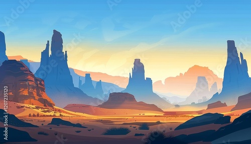 A panoramic view of a vast desert landscape with towering sandstone cliffs at sunset.