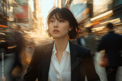 An Asian woman, wearing a white shirt and black suit, standing on the street surrounded by people moving quickly around her. With a city background, cinematic style photo