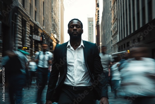 An Amerfican African man, wearing a white shirt and black suit, standing on the street surrounded by people moving quickly around him. With a city background, cinematic style.