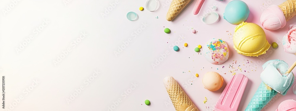 Fototapeta premium Colorful assortment of ice cream cones and popsicles arranged on a pastel background inviting summer fun and delicious indulgence