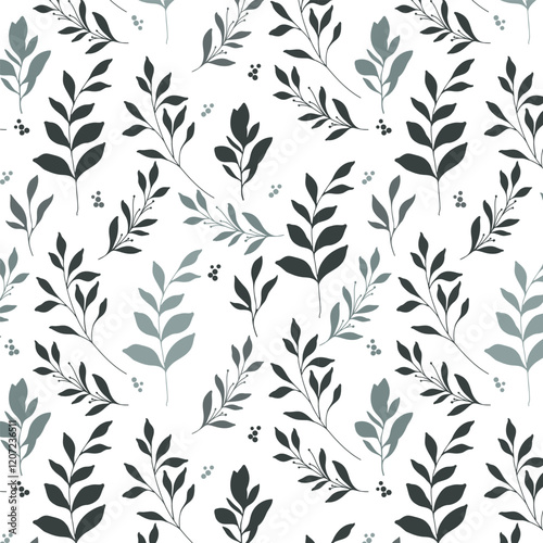 Floral seamless pattern. Greenery background.  Eco friendly background. Foliage, branches, leaves, plants hand drawn silhouette design. Elegant seamless background endless pattern minimalist style