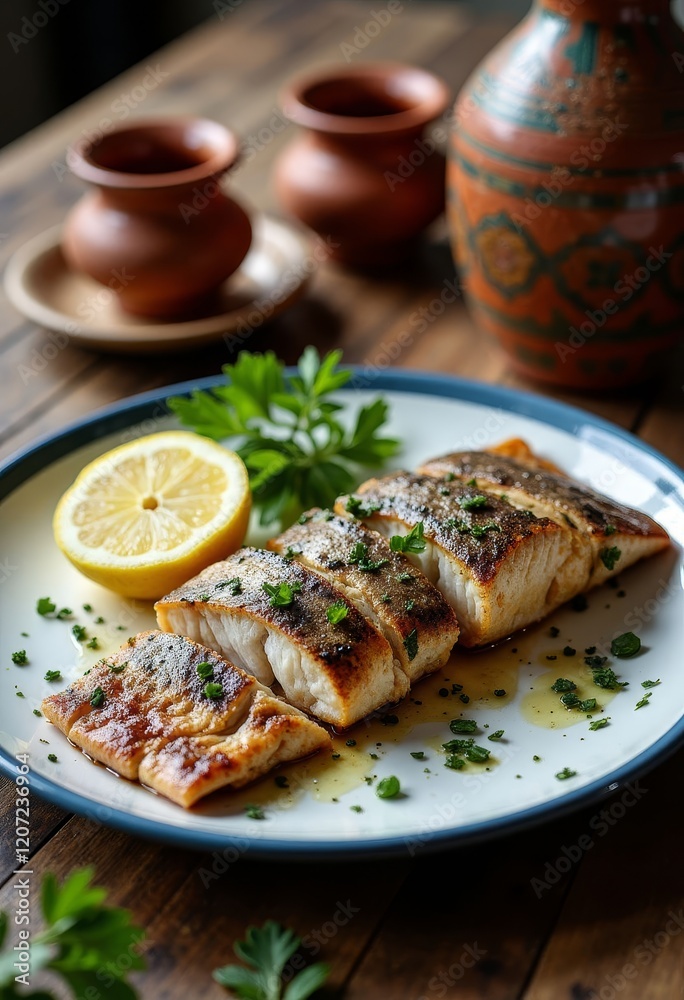 Cooked fish with lemon on plate with clay pots in background Cooked fish with lemon on plate with clay pots in background