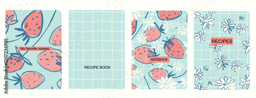 Cover page vector templates for recipes books with hand drawn strawberries. Cookery books cover layout. Based on seamless patterns. Headers isolated and replaceable