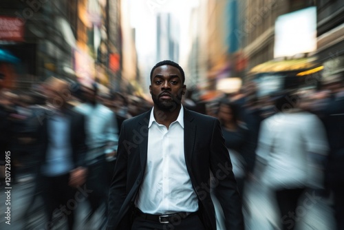 An Amerfican African man, wearing a white shirt and black suit, standing on the street surrounded by people moving quickly around him. With a city background, cinematic style.
