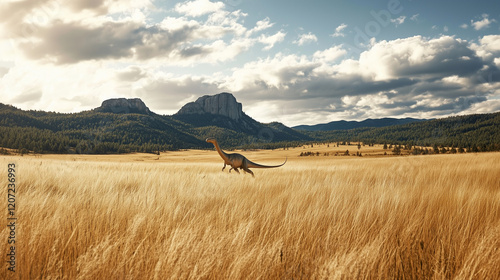 Wide shot of a lone dinosau...