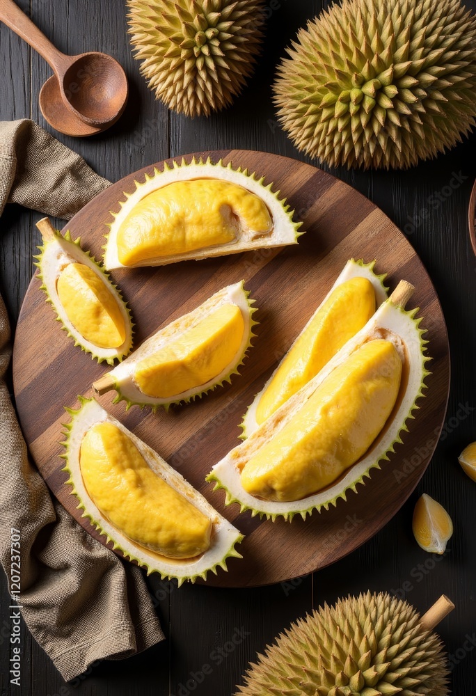Fototapeta premium Durian fruit cut open with wooden board and spoon.