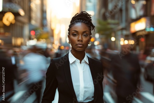 An American African woman, wearing a white shirt and black suit, standing on the street surrounded by people moving quickly around her. With a city background, cinematic style photo