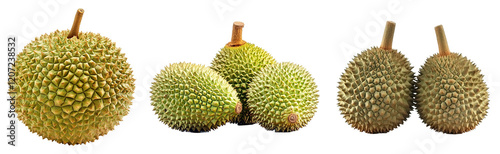 Fresh durians, exotic fruit, isolated on transparent background.  Perfect for food blogs, culinary websites, and tropical themes photo