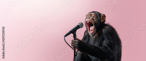 Chimpanzee performing vocal expression on microphone with vibrant background during a playful moment of creativity photo