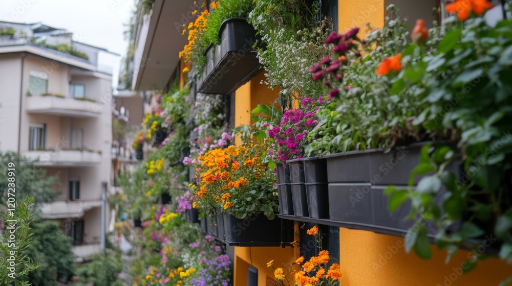 Vibrant Balcony Garden with Colorful Flowers in Urban Setting Vibrant Balcony Garden with Colorful Flowers in Urban Setting