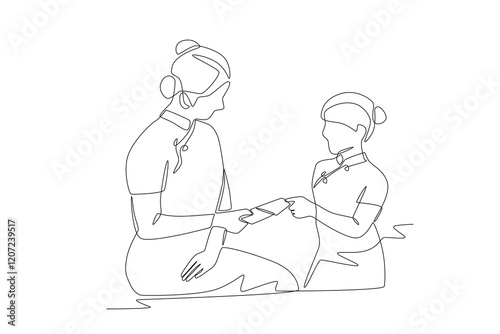 Children receiving red envelopes concept one-line drawing