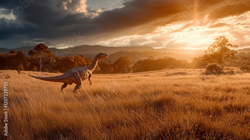 Wide shot of a dinosaur wal...