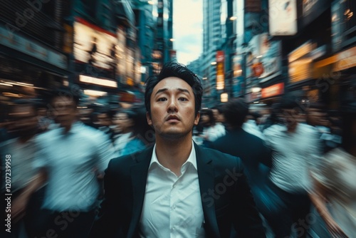 An Asian man, wearing a white shirt and black suit, standing on the street surrounded by people moving quickly around him. With a city background, cinematic style.