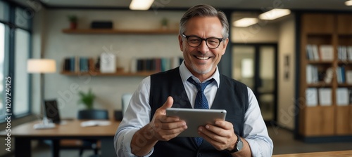 A cheerful, middle-aged executive reviews project details on a tablet in a contemporary office space