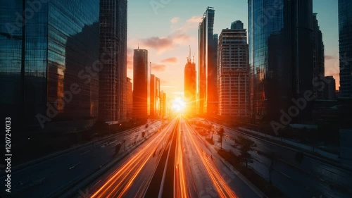 A futuristic city where tall skyscrapers and light streams create a breathtaking landscape against the backdrop of a bright sunset. The world of the future, technology and nature coexist harmoniously.