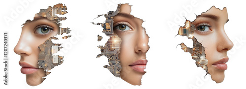 Triple portrait of woman's face mergering with a circuit board on transparent background