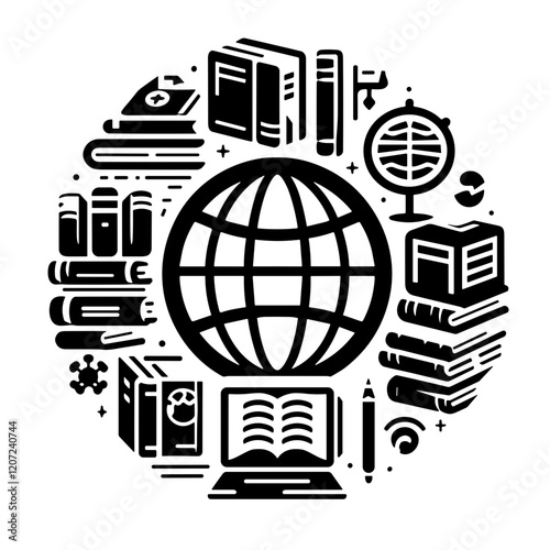 Stylized black-and-white illustration of a globe surrounded by books, educational symbols, and a pencil