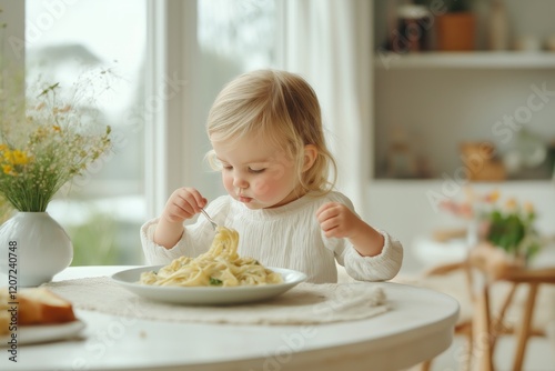 Cute little girl enjoying creamy fettuccine alfredo in a bright modern dining room photo