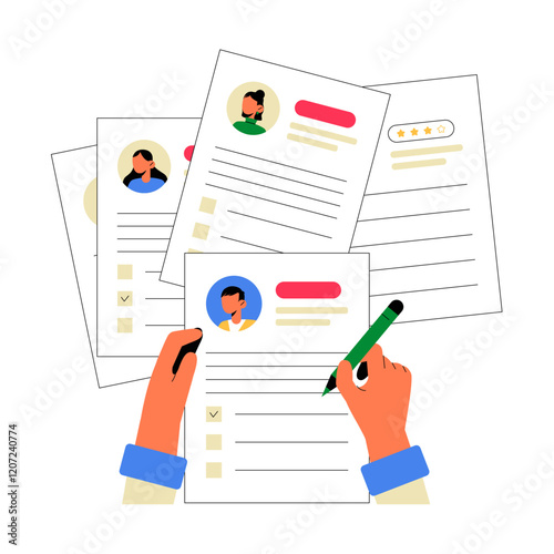 Hands Reviewing Candidate Resumes In Flat Vector Illustration Symbolizing Recruitment Process, Resume Evaluation, And Skill Assessment, Isolated On White Background