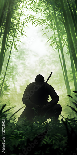 A ninja crouching in a bamboo forest, his blade ready as he watches his target from the shadows. photo