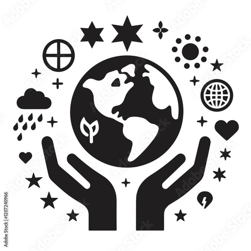 Stylized black-and-white illustration of hands holding the Earth surrounded by various symbols representing life and nature