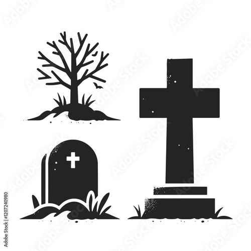 Stylized black-and-white illustration of a cemetery scene featuring a cross, gravestone, and a bare tree
