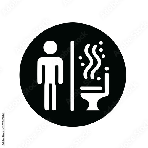 Stylized black-and-white illustration of restroom symbols for men and a toilet, indicating a bathroom space