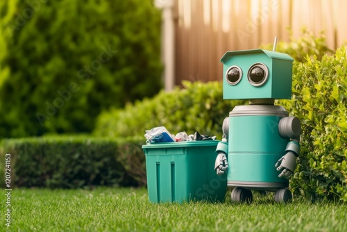 Advanced robot takes out trash in a suburban backyard during a bright afternoon, showcasing a neat green lawn and recycling bins photo